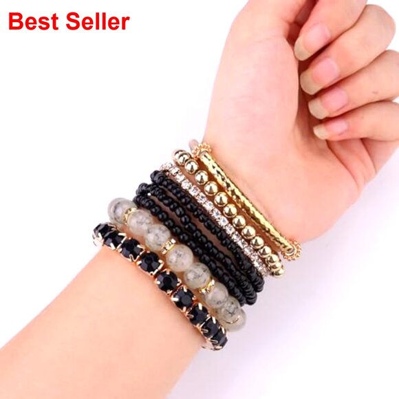 Multi-Color Layered Stackable Natural Beaded Bracelets Adjustable Stretch - Picture 5 of 7